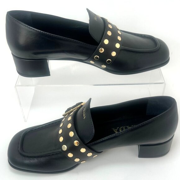 Prada Studded Spazzolato Stud Women Leather Loafers Pumps Size 36.5 - Picture 3 of 16